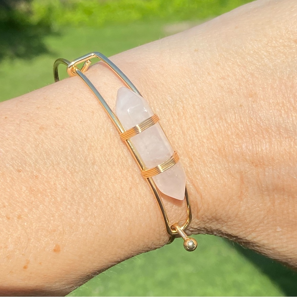 Genuine Rose Quartz hexagon gold tone bracelet